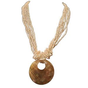 Island Bliss: Multistrand White Bead Necklace with Shimmering Shell Pendant